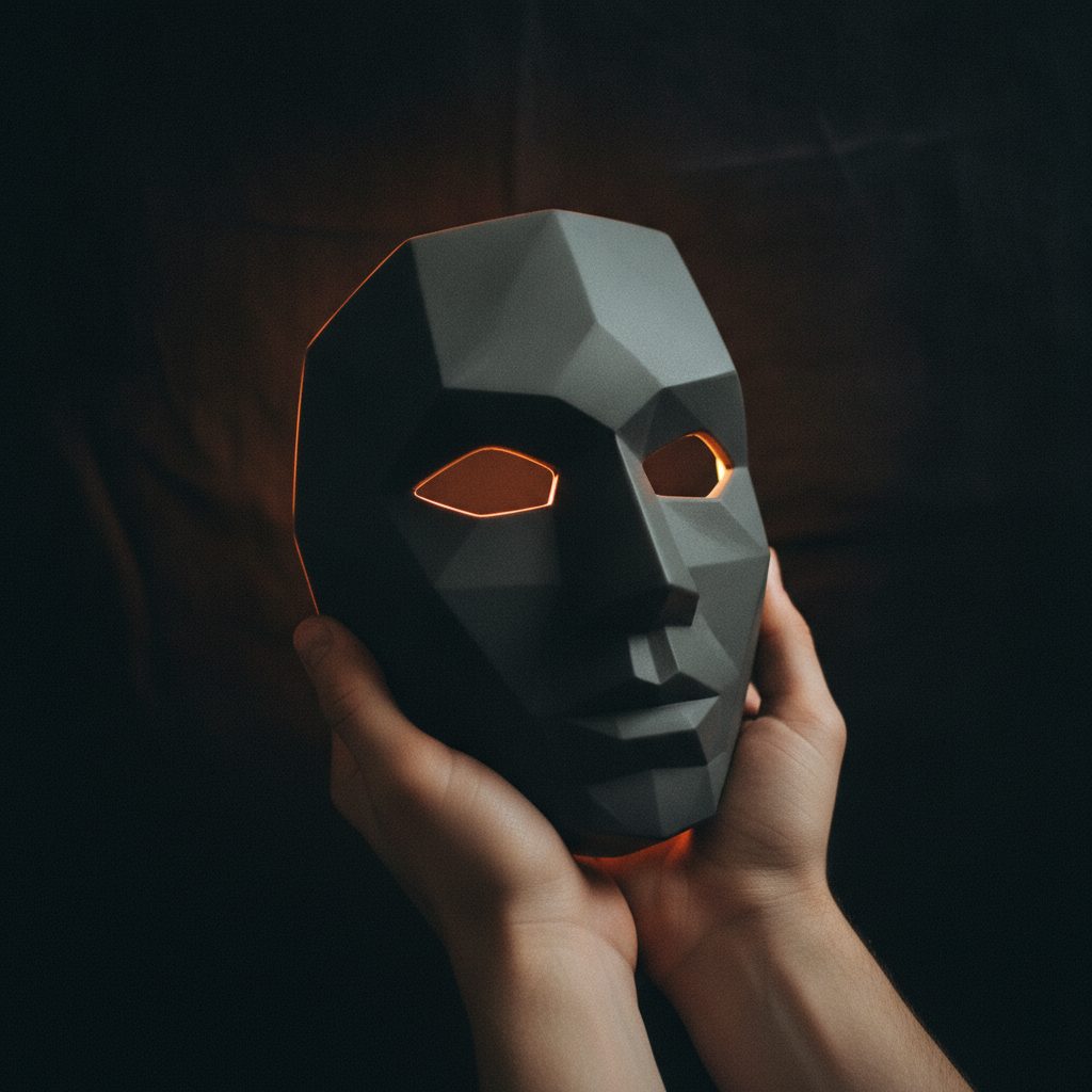 Un masque géométrique sombre tenu entre deux mains, éclairé d’une lumière ambrée