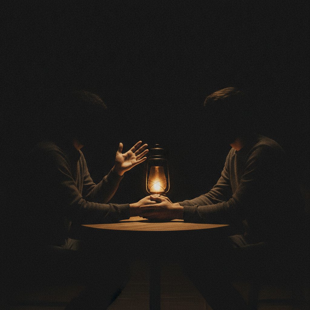 Deux personnes anonymes qui discutent autour d’une lampe, dans la pénombre